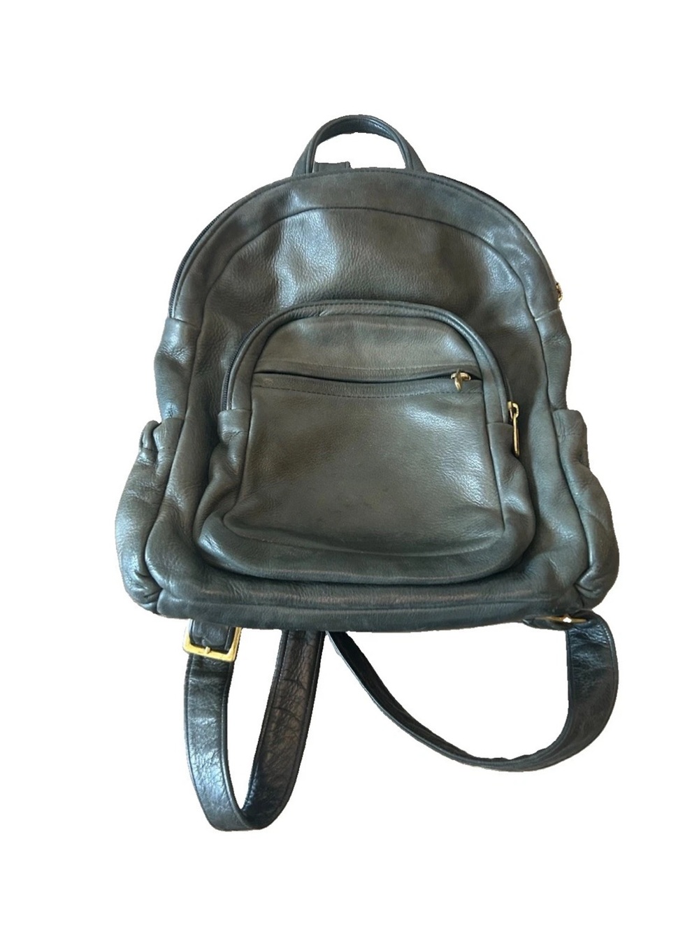 Vintage 90s Olive Green Genuine Leather Backpack Purse Brass YKK Slouchy
